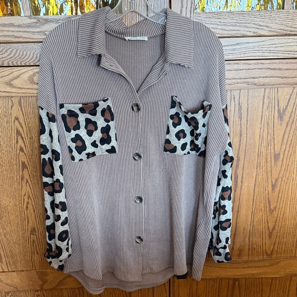 Brown Button-Up Shirt with Leopard Print Accents